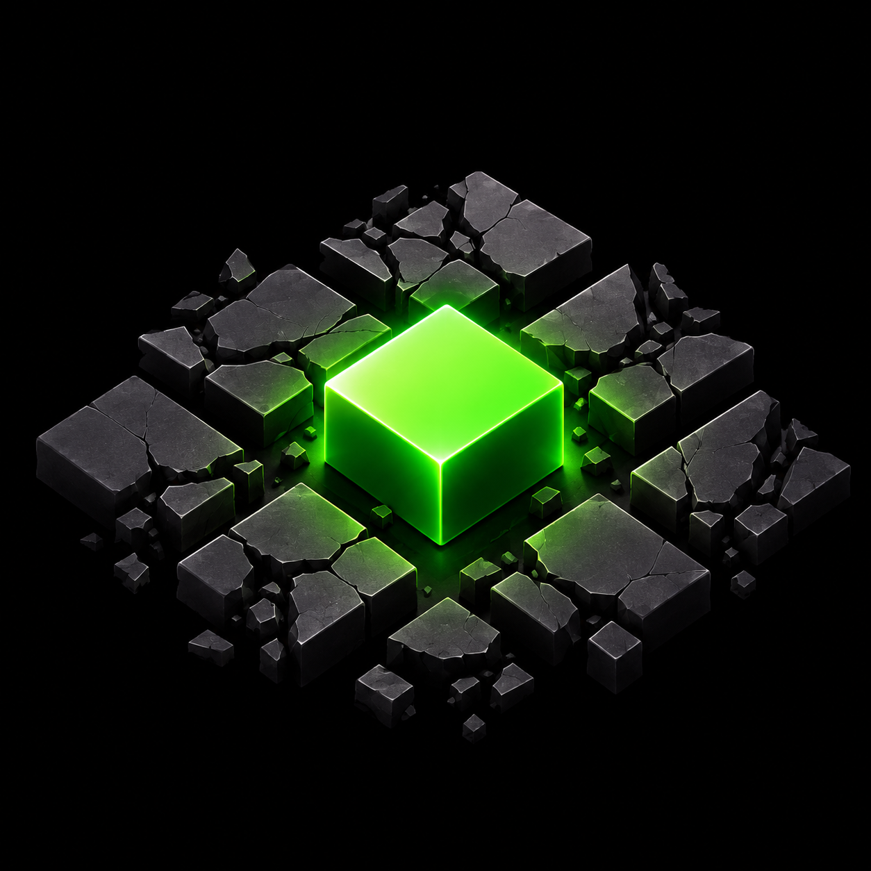 A glowing green cube standing among cracked black stone squares
